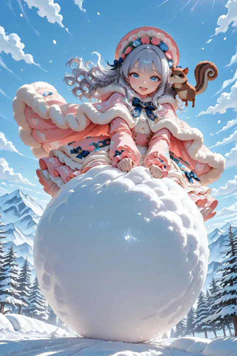 snow hill, navy-berry short wavy hair girl, berry tart lolita with fluffy cape, rolling a giant snowball shaped like a heart, tiny squirrel pet riding it, fun energetic scene