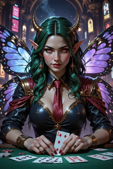 In the style of chargen_concept_art image of,OMNH,,a picture of a cyberpunk fairy, dealing Poker cards in a casino, vicious smile, an extraordinary beautiful, elegant beauty, spread butterfly wings, blue and purple wings, pink eyes, glowing eyes, best de...