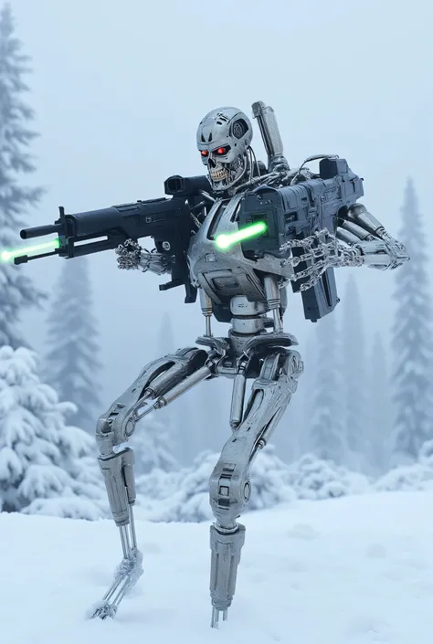 白い迷彩衣装のEndoskeletons,On Snow,  enjoy survival exercises,Endoskeletons,，  Integrated exercises，EndoskeletonsがOn Snowに沢山います,have railguns on both arms,green light is being fired from the railgun，，  eyes glow red   ,Endoskeletons,realityity，Full Body,Only，Fun...