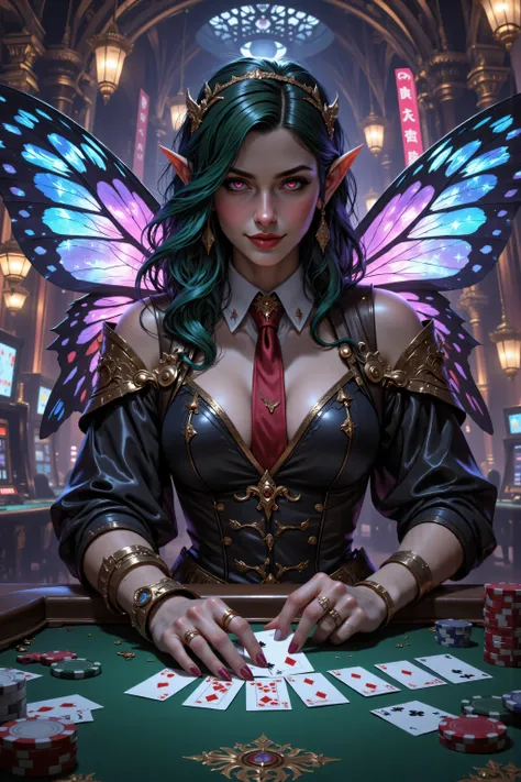 In the style of chargen_concept_art image of,OMNH,,a picture of a cyberpunk fairy, dealing Poker cards in a casino, vicious smile, an extraordinary beautiful, elegant beauty, spread butterfly wings, blue and purple wings, pink eyes, glowing eyes, best de...