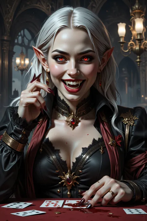 Dracula,In the style of chargen_concept_art image of , a picture of a female vampire, dealing bloody poker cards in a casino, vicious smile, an extraordinary beautiful, elegant beauty, pale skin, vampire fangs, red eyes, glowing eyes, best detailed face,...