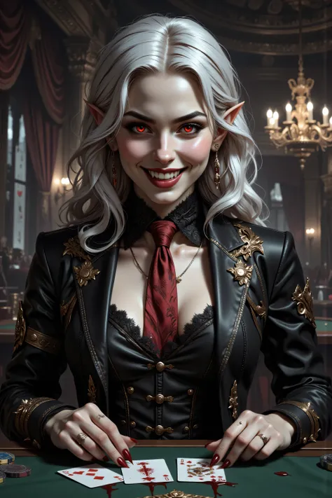 Dracula,In the style of chargen_concept_art image of , a picture of a female vampire, dealing bloody poker cards in a casino, vicious smile, an extraordinary beautiful, elegant beauty, pale skin, vampire fangs, red eyes, glowing eyes, best detailed face,...