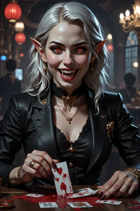 Dracula,In the style of chargen_concept_art image of , a picture of a female vampire, dealing bloody poker cards in a casino, vicious smile, an extraordinary beautiful, elegant beauty, pale skin, vampire fangs, red eyes, glowing eyes, best detailed face,...