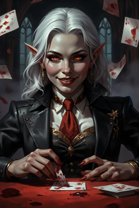 Dracula,In the style of chargen_concept_art image of , a picture of a female vampire, dealing bloody poker cards in a casino, vicious smile, an extraordinary beautiful, elegant beauty, pale skin, vampire fangs, red eyes, glowing eyes, best detailed face,...