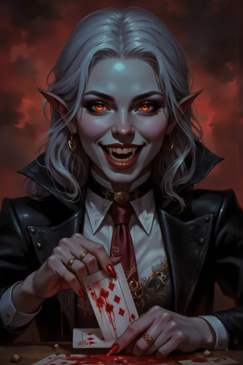 Dracula,In the style of chargen_concept_art image of , a picture of a female vampire, dealing bloody poker cards in a casino, vicious smile, an extraordinary beautiful, elegant beauty, pale skin, vampire fangs, red eyes, glowing eyes, best detailed face,...