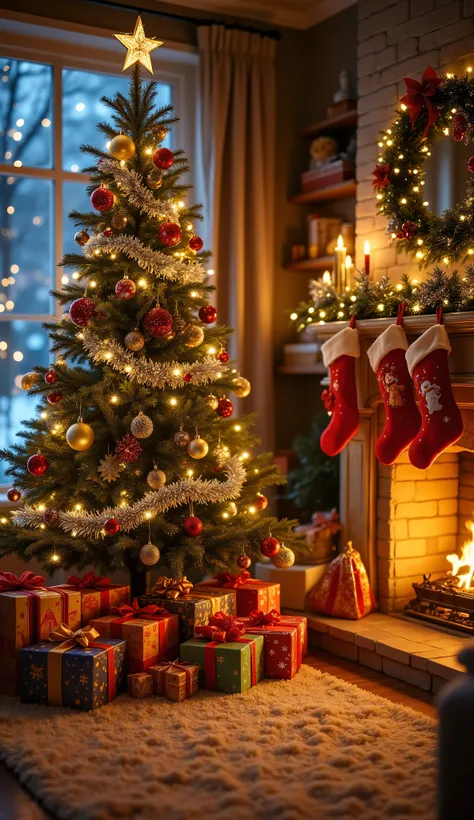 "Cozy Christmas living room interior, beautifully decorated tall Christmas tree with glowing warm lights, red and gold ornaments, silver tinsel garlands, star on top, pile of colorful wrapped gift boxes with ribbons and bows under the tree, roaring firepla...