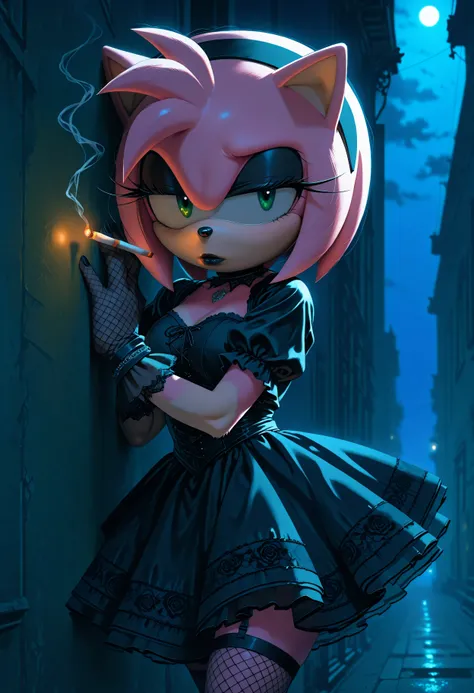 amy_rose, furry female, furry, goth clothes, black hairband, black dress, fishnet stockings, fishnet gloves, black lipstick, black eyeliner, bored, apathetic, alleyway, nighttime, moonlight, dynamic lighting, looking at viewer, smoking cigarette, leaning, ...