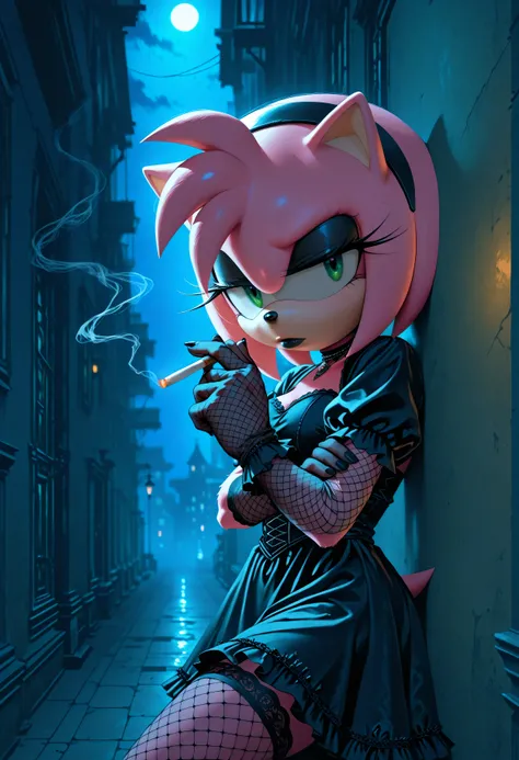 amy_rose, furry female, furry, goth clothes, black hairband, black dress, fishnet stockings, fishnet gloves, black lipstick, black eyeliner, bored, apathetic, alleyway, nighttime, moonlight, dynamic lighting, looking at viewer, smoking cigarette, leaning, ...
