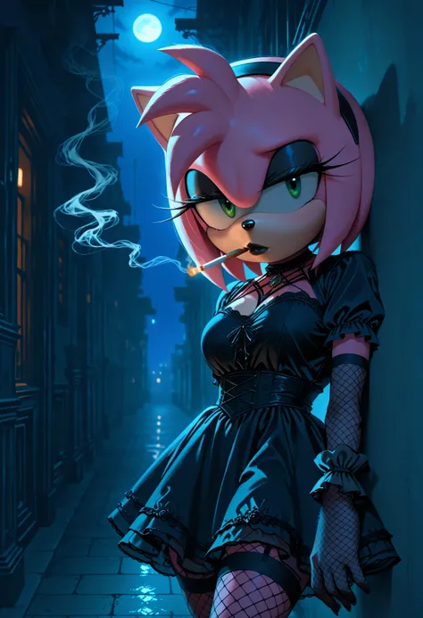 amy_rose, furry female, furry, goth clothes, black hairband, black dress, fishnet stockings, fishnet gloves, black lipstick, black eyeliner, bored, apathetic, alleyway, nighttime, moonlight, dynamic lighting, looking at viewer, smoking cigarette, leaning, ...