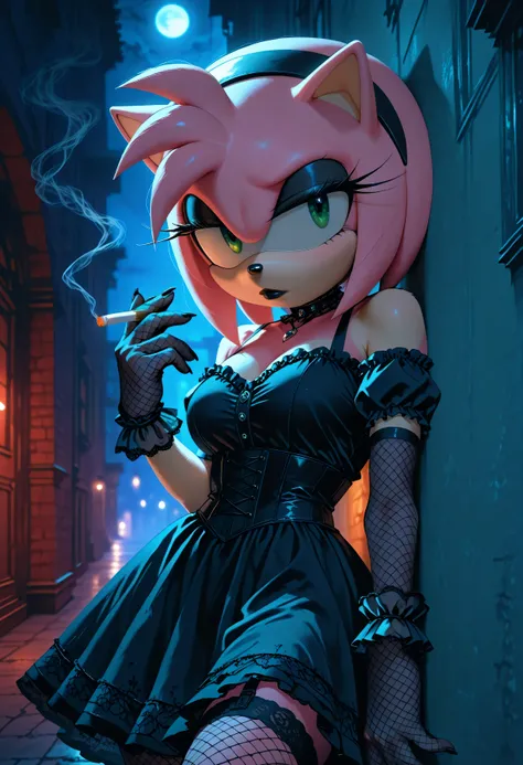 amy_rose, furry female, furry, goth clothes, black hairband, black dress, fishnet stockings, fishnet gloves, black lipstick, black eyeliner, bored, apathetic, alleyway, nighttime, moonlight, dynamic lighting, looking at viewer, smoking cigarette, leaning, ...