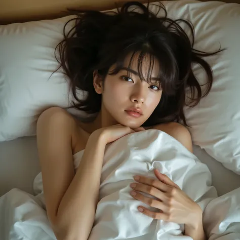  Picture of a bewitching woman lying in bed,(Insect's Viewpoint).she has just woken up, slightly disheveled, A sleepy but gentle smile is on her face. Her body is modestly covered by a futon, she's not wearing anything. (Naked underneath).One hand is g...