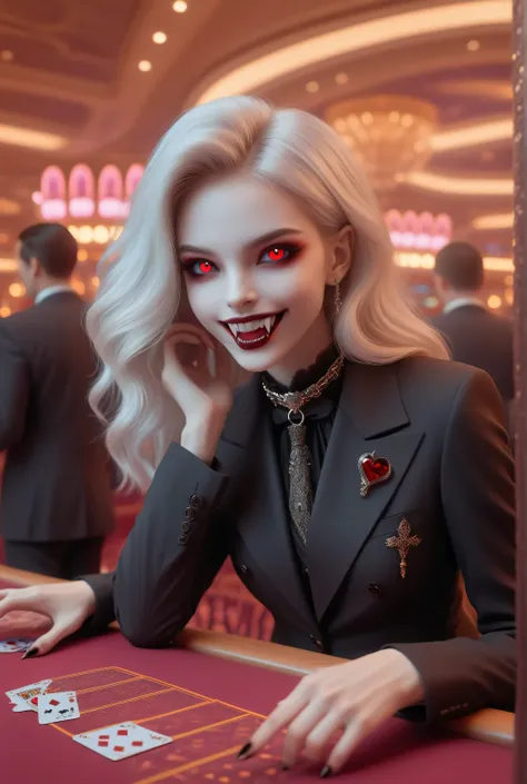 vampyfangs1,Vampire fangs teeth,Fantasy Elements, soft luminous hues, , a picture of a female vampire, dealing bloody poker cards in a casino, vicious smile, an extraordinary beautiful, elegant beauty, pale skin, vampire fangs, red eyes, glowing eyes, be...