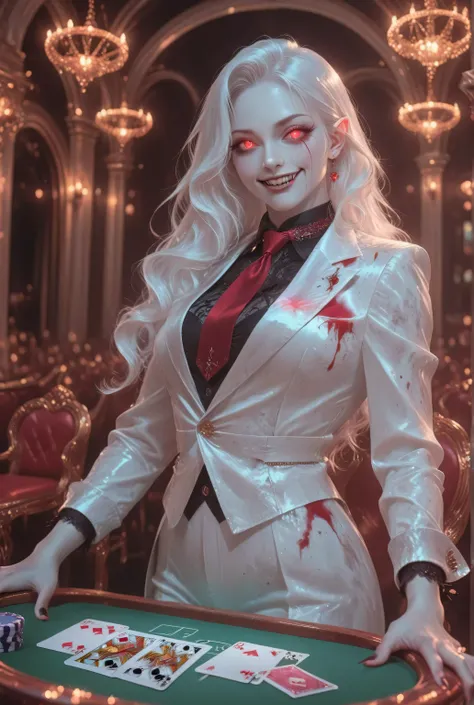 Vampire fangs teeth,Fantasy Elements, soft luminous hues, , a picture of a female vampire, dealing bloody poker cards in a casino, vicious smile, an extraordinary beautiful, elegant beauty, pale skin, vampire fangs, red eyes, glowing eyes, best detailed ...