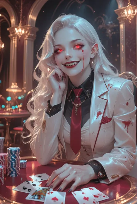 Vampire fangs teeth,Fantasy Elements, soft luminous hues, , a picture of a female vampire, dealing bloody poker cards in a casino, vicious smile, an extraordinary beautiful, elegant beauty, pale skin, vampire fangs, red eyes, glowing eyes, best detailed ...