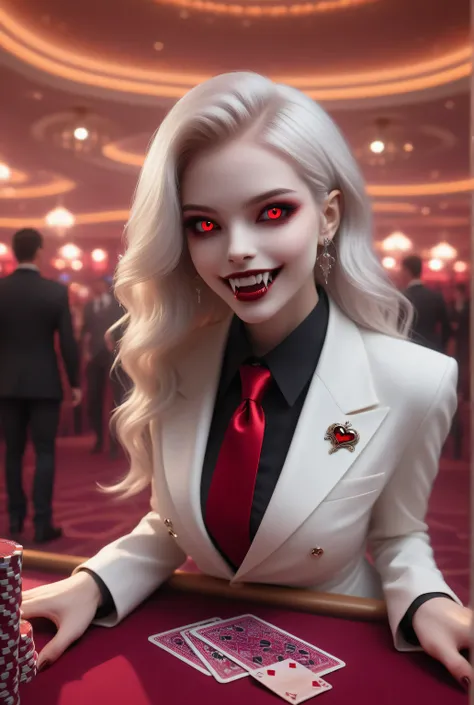 fangs,vampire,Vampire fangs teeth,Fantasy Elements, soft luminous hues, , a picture of a female vampire, dealing bloody poker cards in a casino, vicious smile, an extraordinary beautiful, elegant beauty, pale skin, vampire fangs, red eyes, glowing eyes, ...
