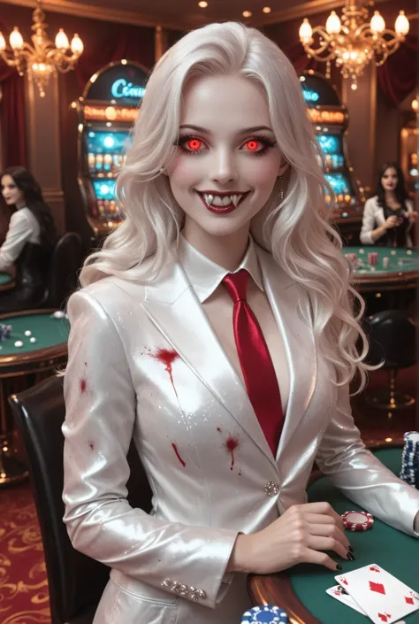 fangs,vampire,Vampire fangs teeth,Fantasy Elements, soft luminous hues, , a picture of a female vampire, dealing bloody poker cards in a casino, vicious smile, an extraordinary beautiful, elegant beauty, pale skin, vampire fangs, red eyes, glowing eyes, ...