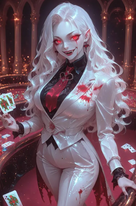 Vampire fangs teeth,Fantasy Elements, soft luminous hues, , a picture of a female vampire, dealing bloody poker cards in a casino, vicious smile, an extraordinary beautiful, elegant beauty, pale skin, vampire fangs, red eyes, glowing eyes, best detailed ...