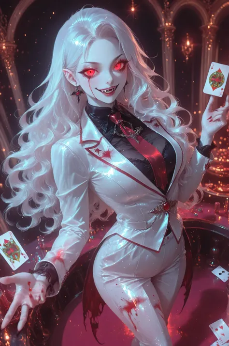 Vampire fangs teeth,Fantasy Elements, soft luminous hues, , a picture of a female vampire, dealing bloody poker cards in a casino, vicious smile, an extraordinary beautiful, elegant beauty, pale skin, vampire fangs, red eyes, glowing eyes, best detailed ...