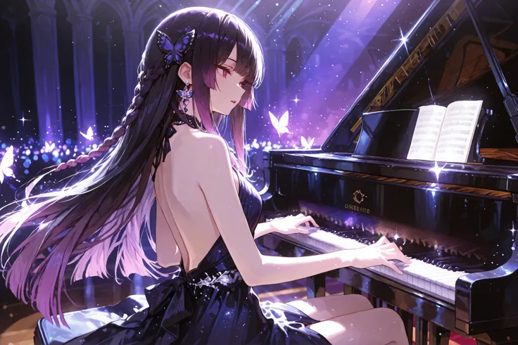 solo girl, (maroon eyes), (long black hair), (purple gradient highlights on the performance stage), (bangs with big front teeth), Dull ends , princess cut side lock, thin braid, butterfly earring, Butterfly Hair Accessory, Expressionless, 
play the piano, ...