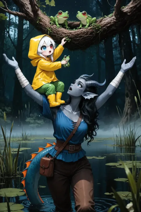 swamps , fantasy style, sits upstairs and reaches upstairs with a frog in his arms, 1 character: Sweet chibi, style, I guess, 1 maiden, (One), pure white hair with a soft gradient red tip, heterochromia, (bright red right eye:1,3 and the blue left eye:1,3)...