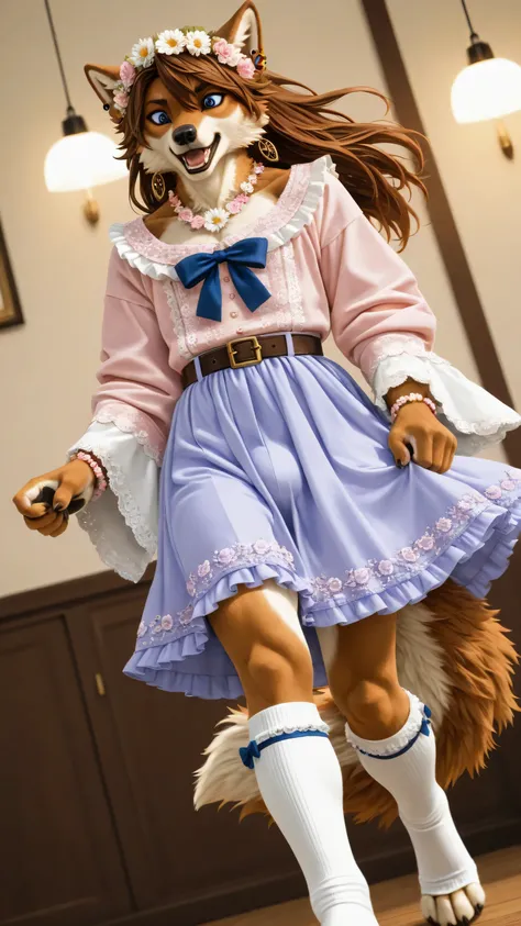 furry wolf male adult,colored short frilled shirt,long hair,long sleeves,hearts,blue bow,comfortable outfit,stylish outfits,clothes details,clothes textures,brown hair,blue tie,long sleeves,eyes details,bulge appearance clearly under the skirt,realistic cl...