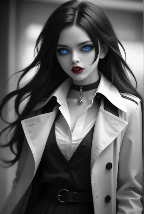 Vampire fangs teeth,Fantasy Elements,iridescent aesthetic,masterpiece, best quality, very aesthetic, absurdres,,goth black and white anime art, (black and white art) mostly black and white, a picture of olo beautiful female vampire, best detailed face, bl...