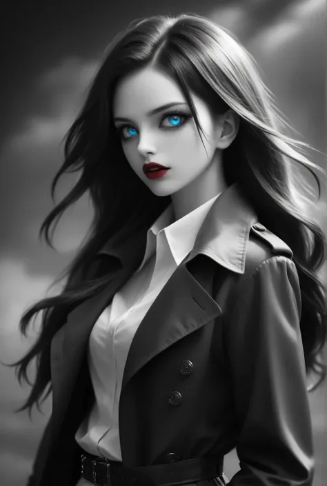 Vampire fangs teeth,Fantasy Elements,iridescent aesthetic,masterpiece, best quality, very aesthetic, absurdres,,goth black and white anime art, (black and white art) mostly black and white, a picture of olo beautiful female vampire, best detailed face, bl...