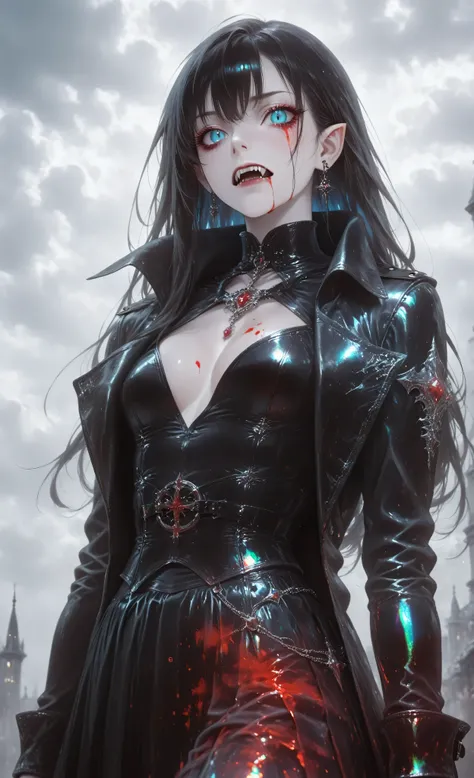 Vampire fangs teeth,Fantasy Elements,iridescent aesthetic,masterpiece, best quality, very aesthetic, absurdres,,goth black and white anime art, (black and white art) mostly black and white, a picture of olo beautiful female vampire, best detailed face, bl...