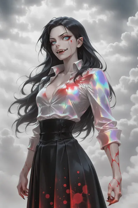 Vampire fangs teeth,Fantasy Elements,iridescent aesthetic,masterpiece, best quality, very aesthetic, absurdres,,goth black and white anime art, (black and white art) mostly black and white, a picture of olo beautiful female vampire, best detailed face, bl...