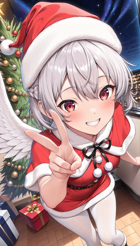 masterpiece, 以from above最高Quality, 8K Wallpaper, hires, Exact Details), (simple background, dynamic angle, Kijin Sakume, 1girl, solo, red eyes, gray hair, short hair, French braids, single wing,Oriental Project, (  Santa Outfits,Santa Hat,Santa Dress,Santa...