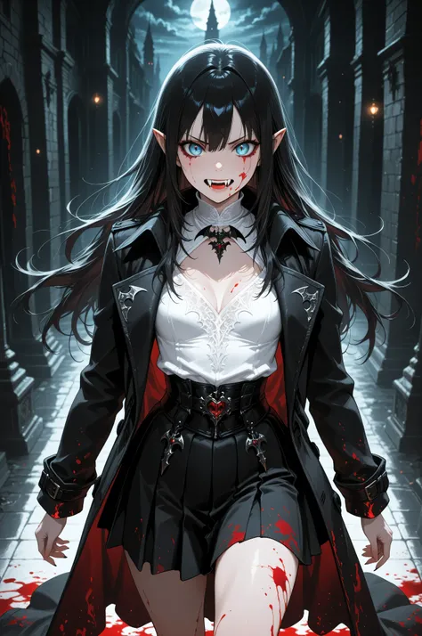 Vampire fangs teeth,Fantasy Elements ,masterpiece, best quality, very aesthetic, absurdres,,goth black and white anime art, (black and white art) mostly black and white, a picture of olo beautiful female vampire, best detailed face, black hair, long hair ...