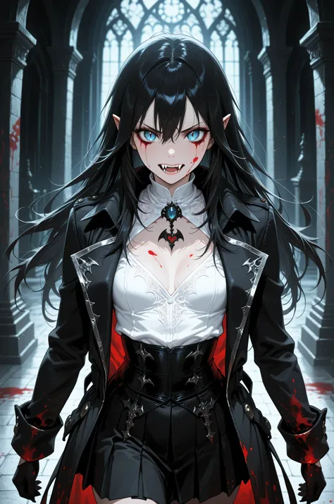 Vampire fangs teeth,Fantasy Elements ,masterpiece, best quality, very aesthetic, absurdres,,goth black and white anime art, (black and white art) mostly black and white, a picture of olo beautiful female vampire, best detailed face, black hair, long hair ...