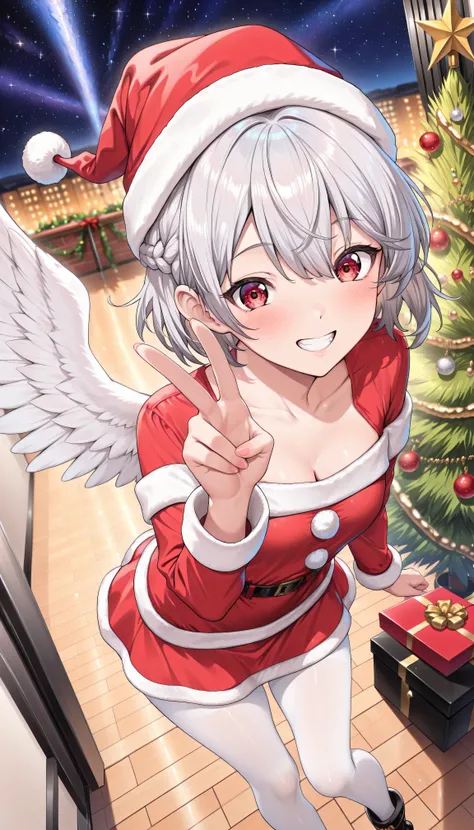 masterpiece, 以from above最高Quality, 8K Wallpaper, hires, Exact Details), (simple background, dynamic angle, Kijin Sakume, 1girl, solo, red eyes, gray hair, short hair, French braids, single wing,Oriental Project, ( Santa Outfits,Santa Hat,Santa Dress,Santa...