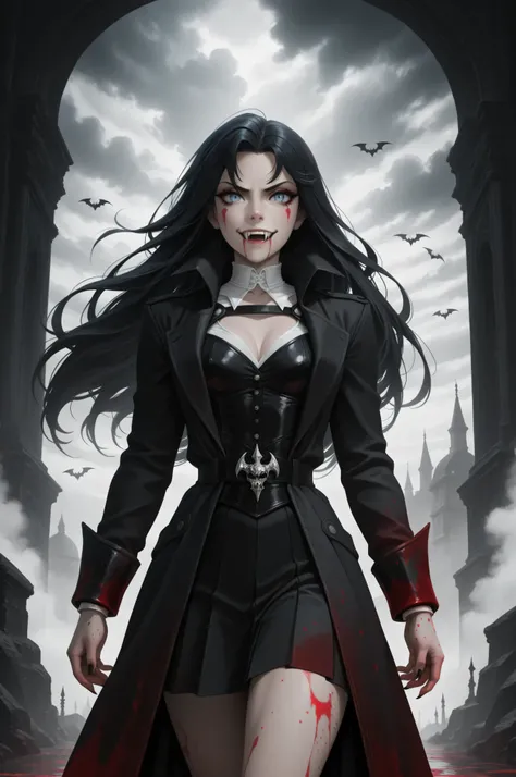 Vampire fangs teeth,Fantasy Elements, masterpiece, best quality, very aesthetic, absurdres,,goth black and white anime art, (black and white art) mostly black and white, a picture of olo beautiful female vampire, best detailed face, black hair, long hair ...