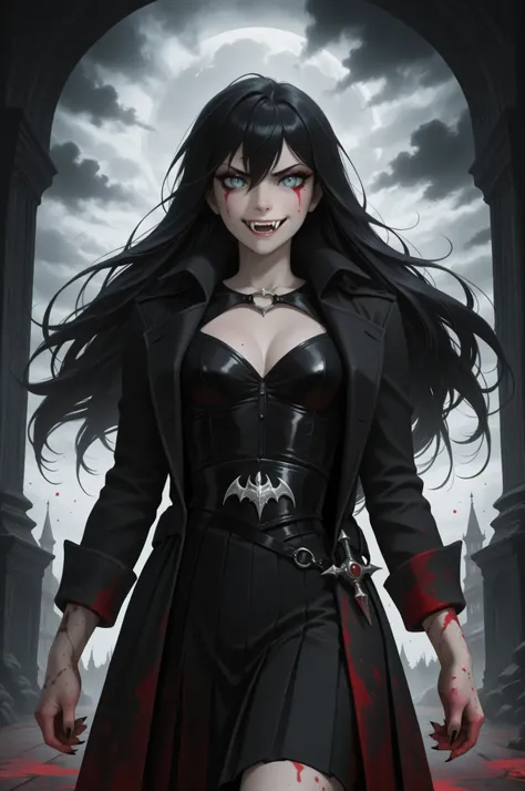 Vampire fangs teeth,Fantasy Elements, masterpiece, best quality, very aesthetic, absurdres,,goth black and white anime art, (black and white art) mostly black and white, a picture of olo beautiful female vampire, best detailed face, black hair, long hair ...