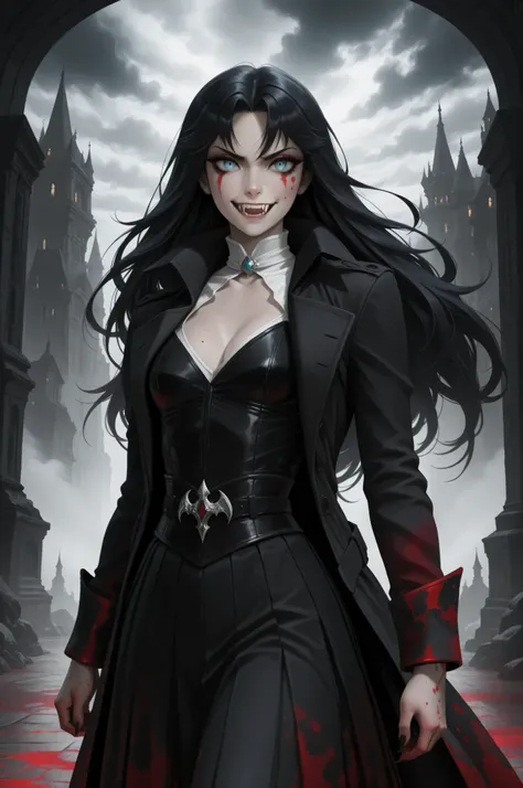 Vampire fangs teeth,Fantasy Elements, masterpiece, best quality, very aesthetic, absurdres,,goth black and white anime art, (black and white art) mostly black and white, a picture of olo beautiful female vampire, best detailed face, black hair, long hair ...
