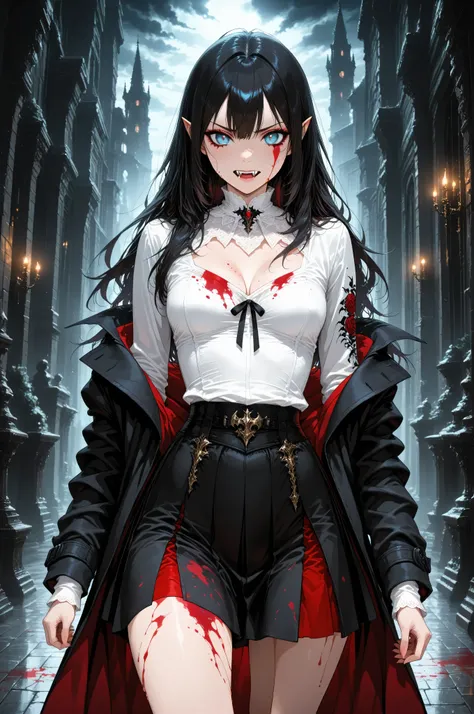 Contrast,Vampire fangs teeth,Fantasy Elements ,masterpiece, best quality, very aesthetic, absurdres,,goth black and white anime art, (black and white art) mostly black and white, a picture of olo beautiful female vampire, best detailed face, black hair, l...