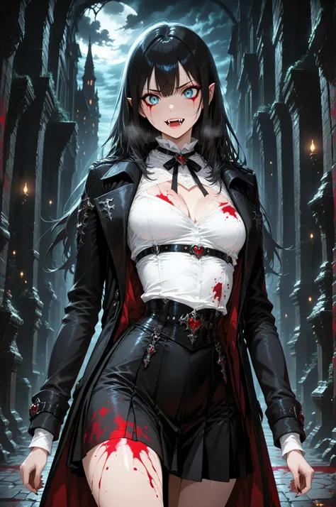 Contrast,Vampire fangs teeth,Fantasy Elements ,masterpiece, best quality, very aesthetic, absurdres,,goth black and white anime art, (black and white art) mostly black and white, a picture of olo beautiful female vampire, best detailed face, black hair, l...