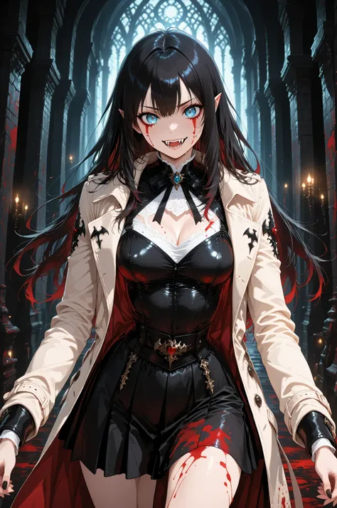 Contrast,Vampire fangs teeth,Fantasy Elements ,masterpiece, best quality, very aesthetic, absurdres,,goth black and white anime art, (black and white art) mostly black and white, a picture of olo beautiful female vampire, best detailed face, black hair, l...
