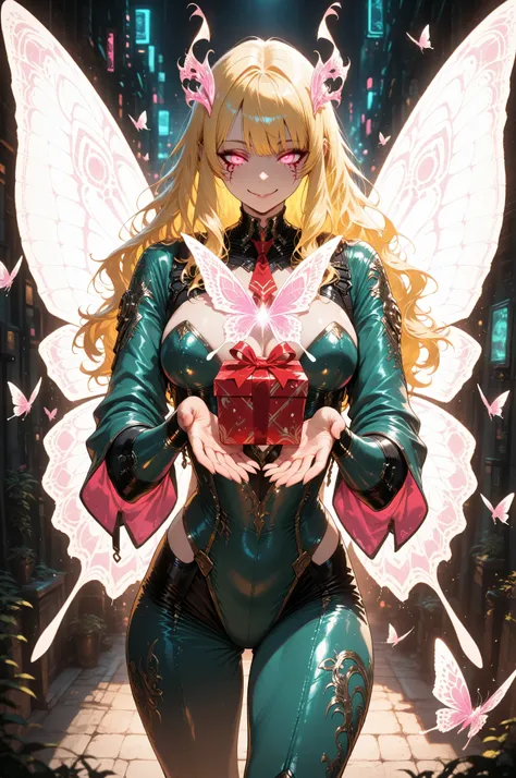 wearing a clothes,Contrast,Fantasy Elements,masterpiece, best quality, very aesthetic, absurdres,,,a picture of a cyberpunk fairy, holding a wrapped gift, vicious smile, an extraordinary beautiful, elegant beauty, spread butterfly wings, red and white w...