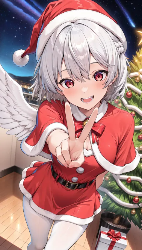 masterpiece, 以from above最高Quality, 8K Wallpaper, hires, Exact Details), (simple background, dynamic angle, Kijin Sakume, 1girl, solo, red eyes, gray hair, short hair, French braids, single wing,Oriental Project, ( Santa Outfits,Santa Hat,Santa Dress,Santa...