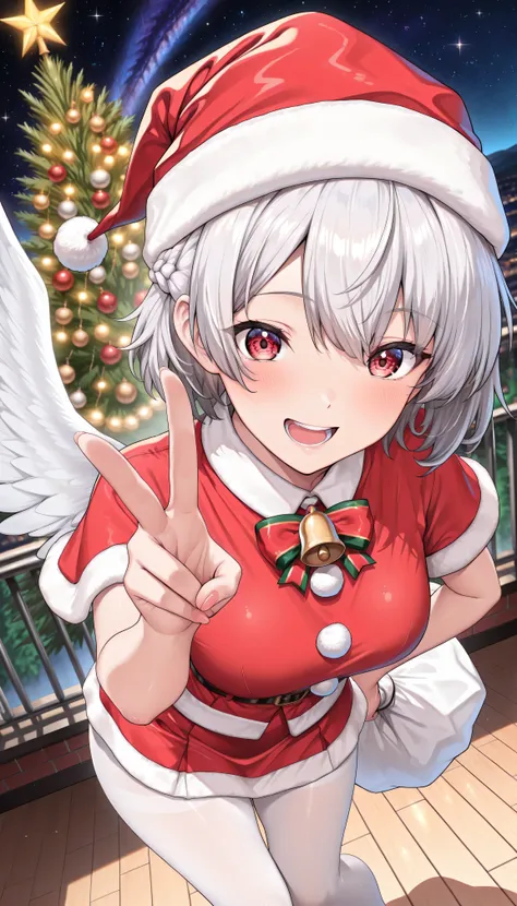 masterpiece, 以from above最高Quality, 8K Wallpaper, hires, Exact Details), (simple background, dynamic angle, Kijin Sakume, 1girl, solo, red eyes, gray hair, short hair, French braids, single wing,Oriental Project, ( Santa Outfits,Santa Hat,Santa Dress,Santa...