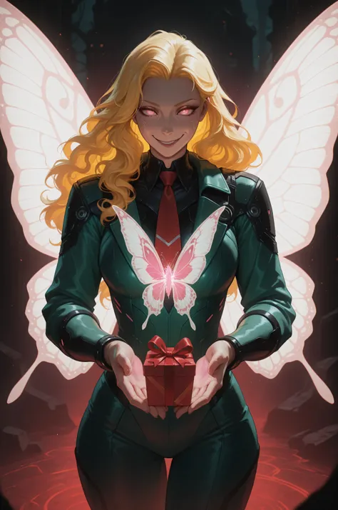Fantasy Elements,masterpiece, best quality, very aesthetic, absurdres,,a picture of a cyberpunk fairy, holding a wrapped gift, vicious smile, an extraordinary beautiful, elegant beauty, spread butterfly wings, red and white wings, pink eyes, glowing eye...