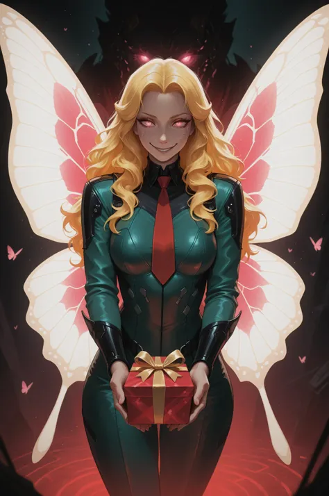 Fantasy Elements,masterpiece, best quality, very aesthetic, absurdres,,a picture of a cyberpunk fairy, holding a wrapped gift, vicious smile, an extraordinary beautiful, elegant beauty, spread butterfly wings, red and white wings, pink eyes, glowing eye...