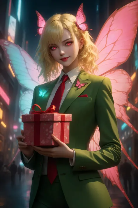 wearing a clothes,Contrast,Fantasy Elements,masterpiece, best quality, very aesthetic, absurdres,,,a picture of a cyberpunk fairy, holding a wrapped gift, vicious smile, an extraordinary beautiful, elegant beauty, spread butterfly wings, red and white w...