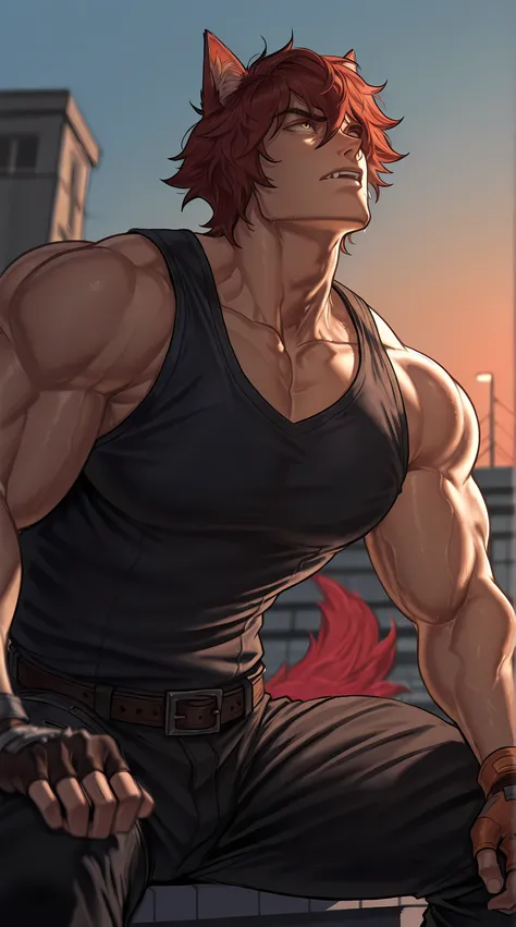 1man, Sett from League of Legends, tall and muscular build, broad shoulders, sharp masculine jawline, short messy red hair, intense golden eyes, wolf ears and tail.
Pose: sitting on the edge of a rooftop ledge, elbows resting on knees, hands loosely claspe...