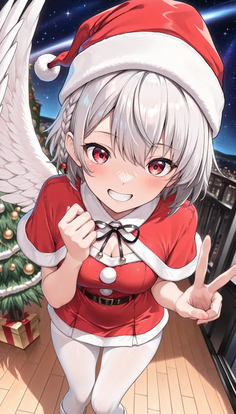 masterpiece, 以from above最高Quality, 8K Wallpaper, hires, Exact Details), (simple background, dynamic angle, Kijin Sakume, 1girl, solo, red eyes, gray hair, short hair, French braids, single wing,Oriental Project, (  Santa Outfits,Santa Hat,Santa Dress,Santa...