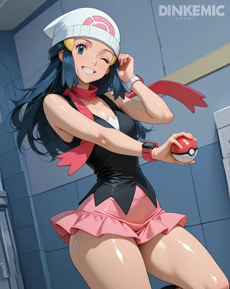 Pokemon dawn, long hair, hourglass body, pokemon anime, black v neck vest, tiny skirt, pink miniskirt, black socks, kneehigh, sleeveless, wide hips, slim waist, thick shiny thighs, smiling, winking, dinemic angle, holding pokeball, cowboy shot