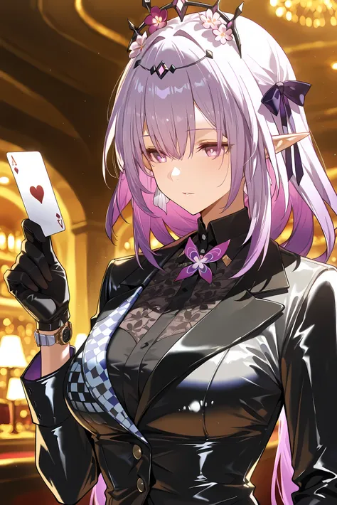 score_9, score_8_up, score_7_up, masterpiece, best quality, very aesthetic, absurdres, tunning image, attractive image, 1girl, solo, adult grown woman, castorice \(honkai star rail\), purple eyes, purple hair, pointy ears, multicolored hair, hair ornament,...