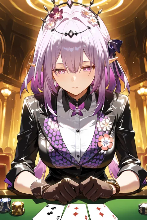 score_9, score_8_up, score_7_up, masterpiece, best quality, very aesthetic, absurdres, tunning image, attractive image, 1girl, solo, adult grown woman, castorice \(honkai star rail\), purple eyes, purple hair, pointy ears, multicolored hair, hair ornament,...